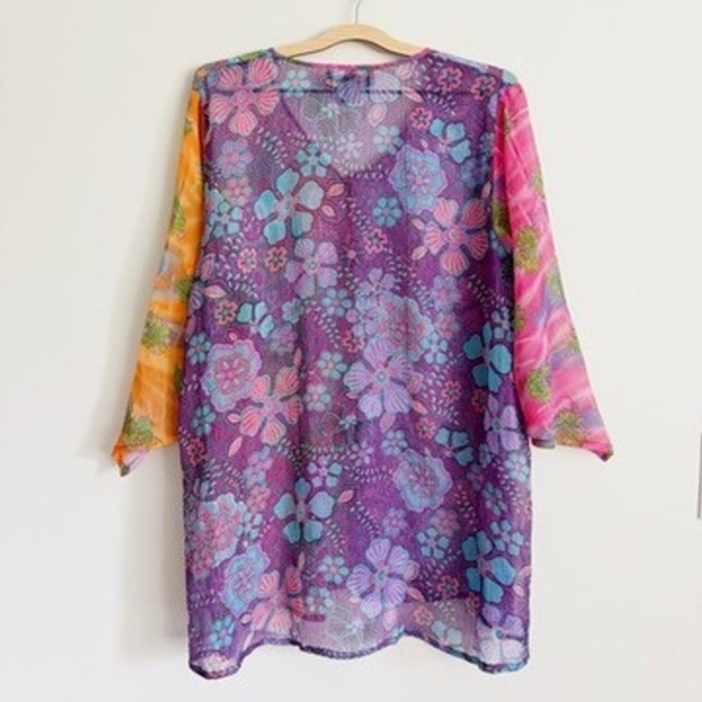 Pyramid Collection Floral Sheer Chiffon Tunic Top 2X Boho Button Up Colorful - Picture 7 of 9